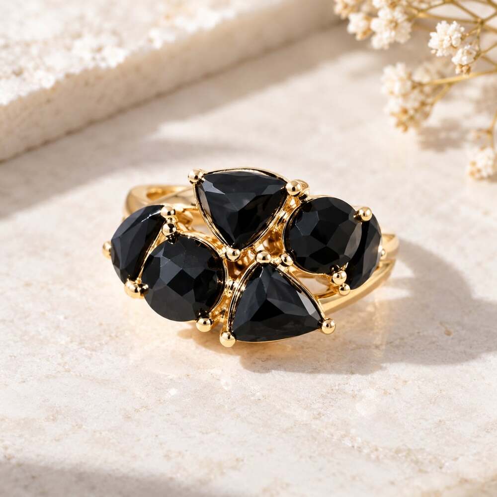 Black Faceted Stone Cluster Gold Tone Statement Ring Size 5